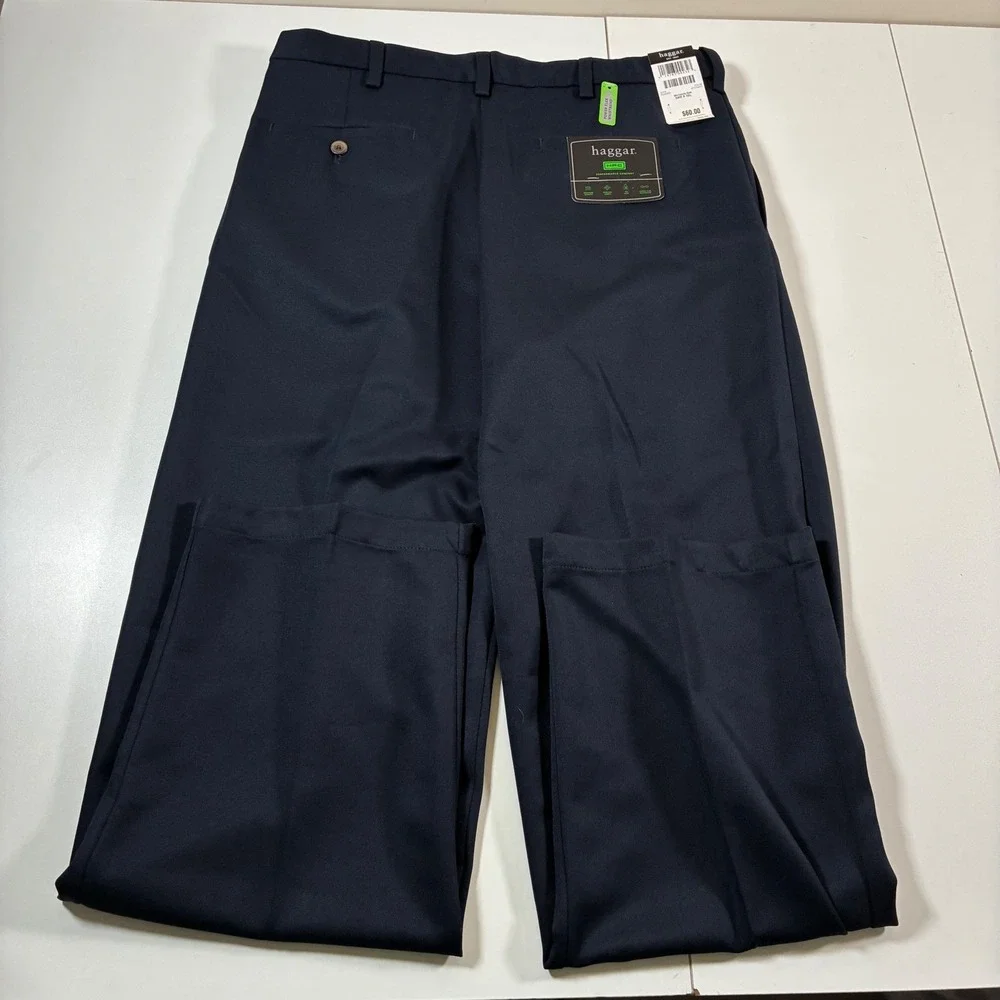 NEW Haggar Dress Pants‎ 34x32 Navy Blue Pleated Performance Comfort